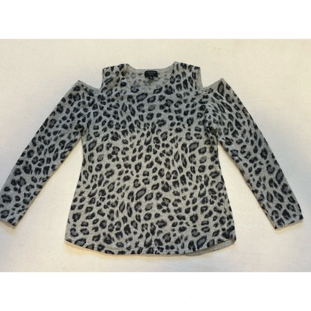 Charter Club LUXURY Leopard Cheetah Print 100% CASHMERE Cold Shoulder Sweater XL